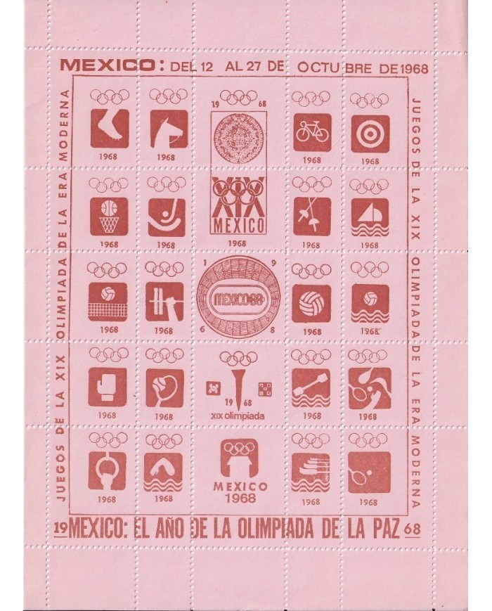 F-EX15624 OLYMPIC GAMES MEXICO 1968 BROWN CINDERELLA SHEET RED PAPER NO GUM