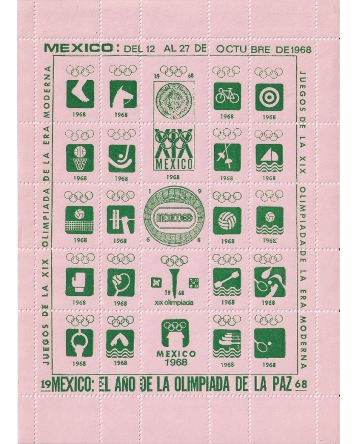 F-EX15625 OLYMPIC GAMES MEXICO 1968 GREEN CINDERELLA SHEET RED PAPER NO GUM.
