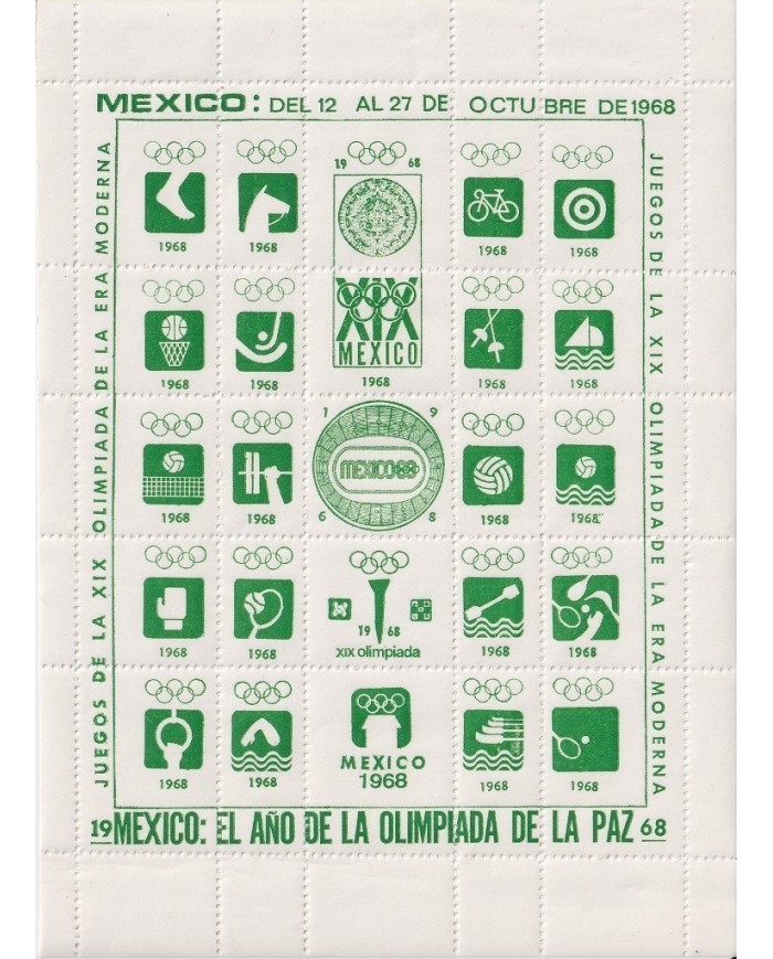 F-EX15627 OLYMPIC GAMES MEXICO 1968 GREEN CINDERELLA SHEET WHITE PAPER MNH GUM