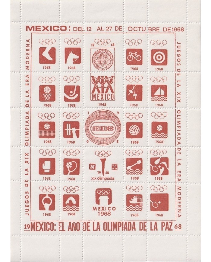 F-EX15628 OLYMPIC GAMES MEXICO 1968 BROWN CINDERELLA SHEET WHITE PAPER MNH GUM