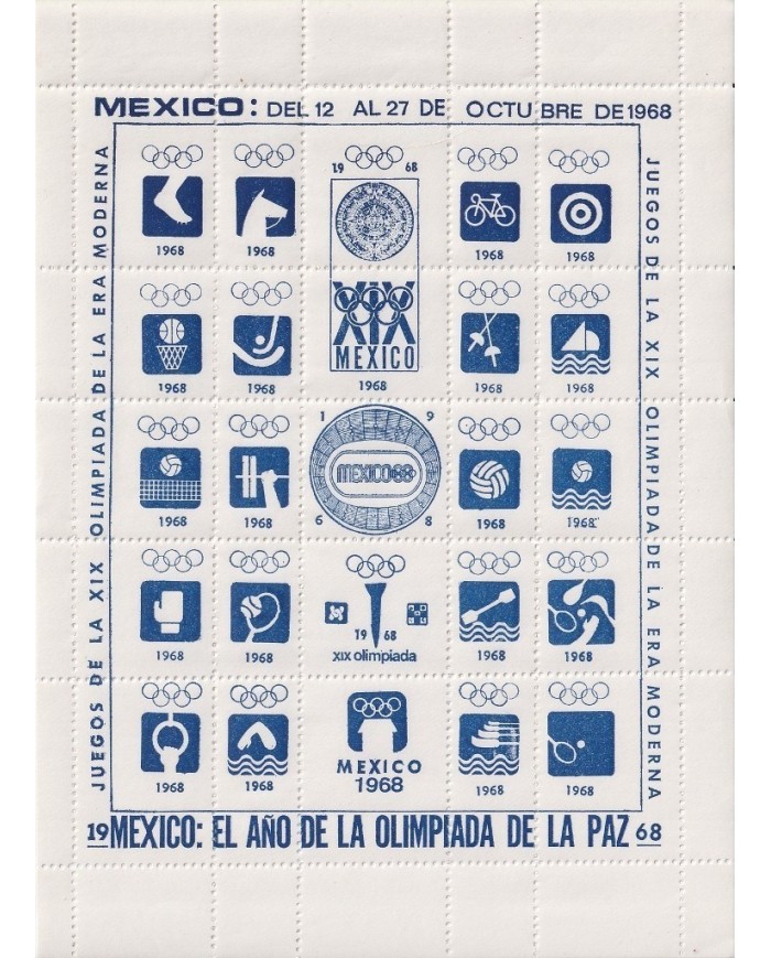 F-EX15629 OLYMPIC GAMES MEXICO 1968 BLUE CINDERELLA SHEET WHITE PAPER MNH GUM