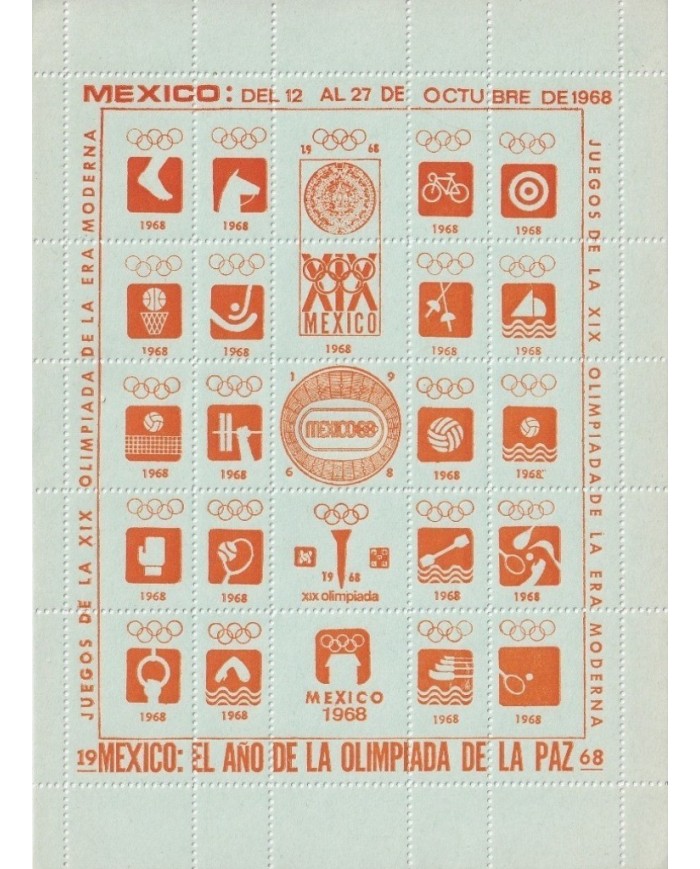 F-EX15631 OLYMPIC GAMES MEXICO 1968 ORANGE CINDERELLA SHEET GREEN PAPER NO GUM