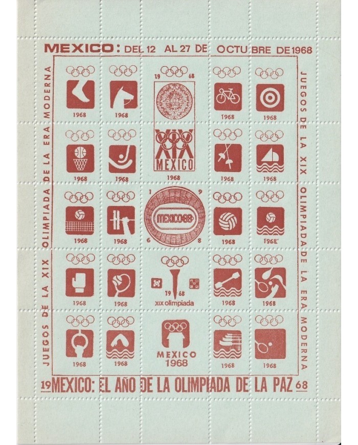 F-EX15633 OLYMPIC GAMES MEXICO 1968 BROWN CINDERELLA SHEET GREEN PAPER NO GUM