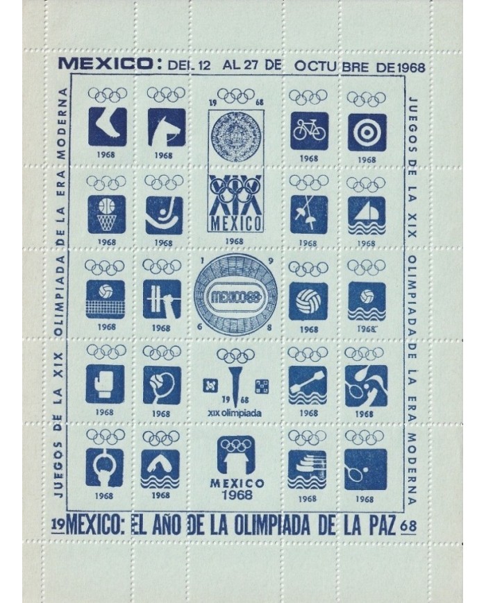 F-EX15634 OLYMPIC GAMES MEXICO 1968 BLUE CINDERELLA SHEET GREEN PAPER NO GUM