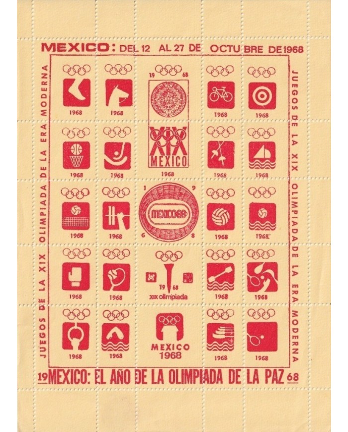 F-EX15638 OLYMPIC GAMES MEXICO 1968 RED CINDERELLA SHEET YELLOW PAPER NO GUM