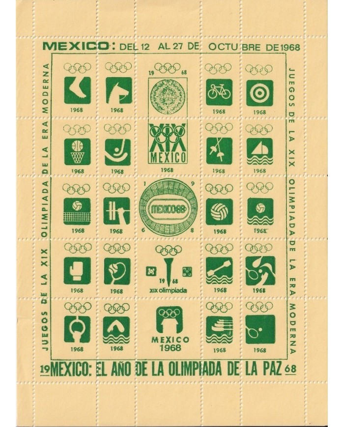 F-EX15639 OLYMPIC GAMES MEXICO 1968 GREEN CINDERELLA SHEET YELLOW PAPER NO GUM