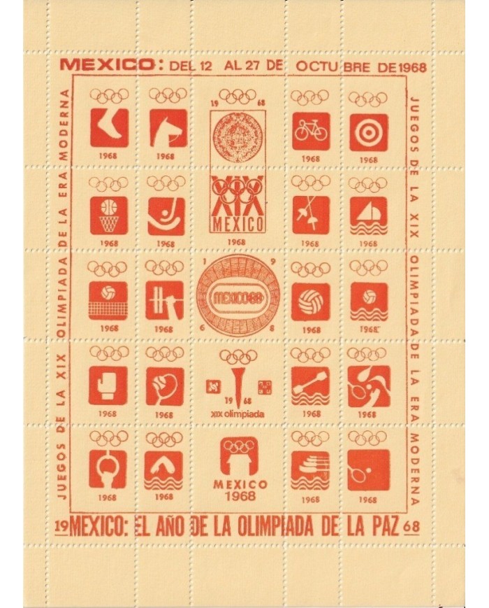 F-EX15640 OLYMPIC GAMES MEXICO 1968 ORANGE CINDERELLA SHEET YELLOW PAPER NO GUM.