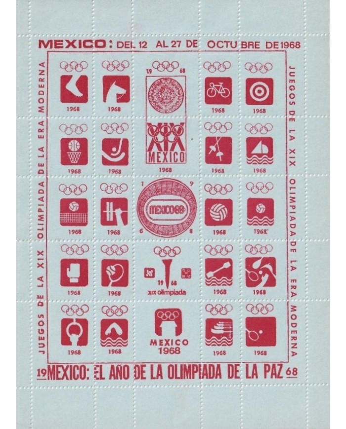 F-EX15641 OLYMPIC GAMES MEXICO 1968 RED CINDERELLA SHEET BLUE PAPER NO GUM.