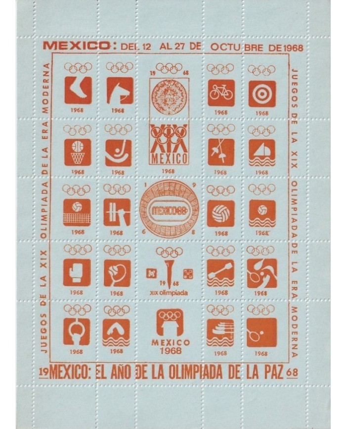 F-EX15642 OLYMPIC GAMES MEXICO 1968 ORANGE CINDERELLA SHEET BLUE PAPER NO GUM.