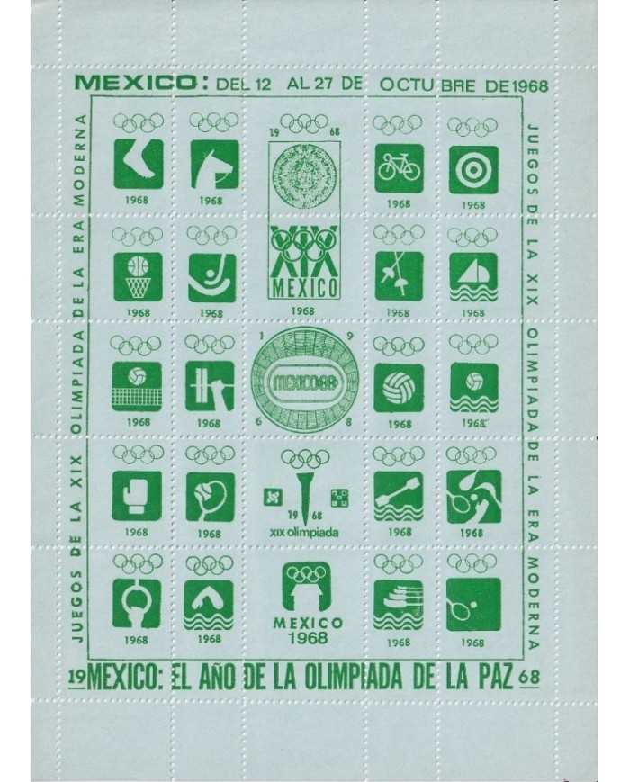 F-EX15643 OLYMPIC GAMES MEXICO 1968 GREEN CINDERELLA SHEET BLUE PAPER NO GUM.