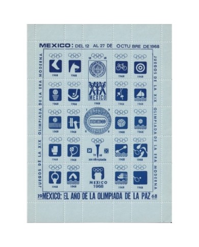 F-EX15644 OLYMPIC GAMES MEXICO 1968 BLUE CINDERELLA SHEET BLUE PAPER NO GUM.