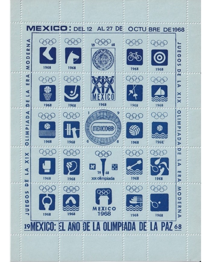 F-EX15644 OLYMPIC GAMES MEXICO 1968 BLUE CINDERELLA SHEET BLUE PAPER NO GUM.