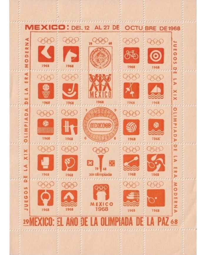 F-EX15646 OLYMPIC GAMES MEXICO 1968 ORANGE CINDERELLA SHEET CREAM PAPER NO GUM.