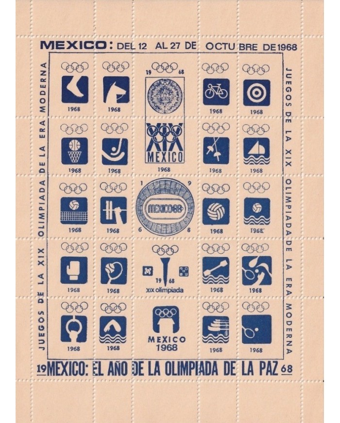 F-EX15647 OLYMPIC GAMES MEXICO 1968 BLUE CINDERELLA SHEET CREAM PAPER NO GUM.