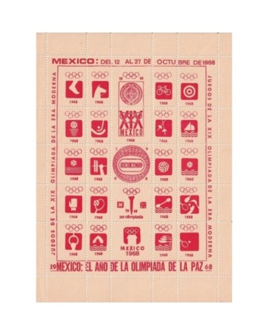 F-EX15648 OLYMPIC GAMES MEXICO 1968 RED CINDERELLA SHEET CREAM PAPER NO GUM.