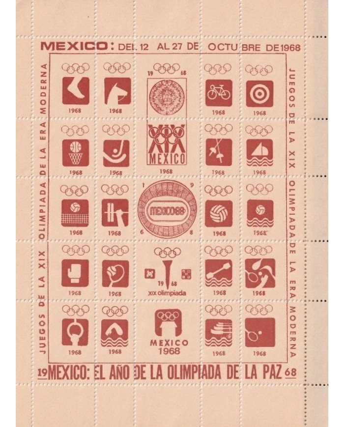 F-EX15649 OLYMPIC GAMES MEXICO 1968 BROWN CINDERELLA SHEET CREAM PAPER NO GUM.