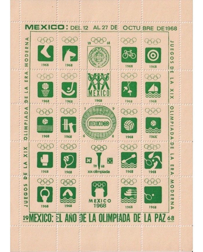F-EX15650 OLYMPIC GAMES MEXICO 1968 GREEN CINDERELLA SHEET CREAM PAPER NO GUM.
