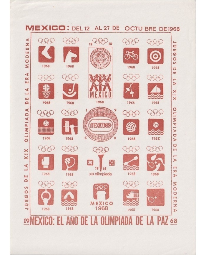 F-EX15651 OLYMPIC GAMES MEXICO 1968 BROWN CINDERELLA SHEET WHITE PAPER NO GUM IM