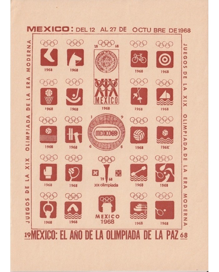 F-EX15653 OLYMPIC GAMES MEXICO 1968 BROWN CINDERELLA SHEET CREAM PAPER NO GUM IM