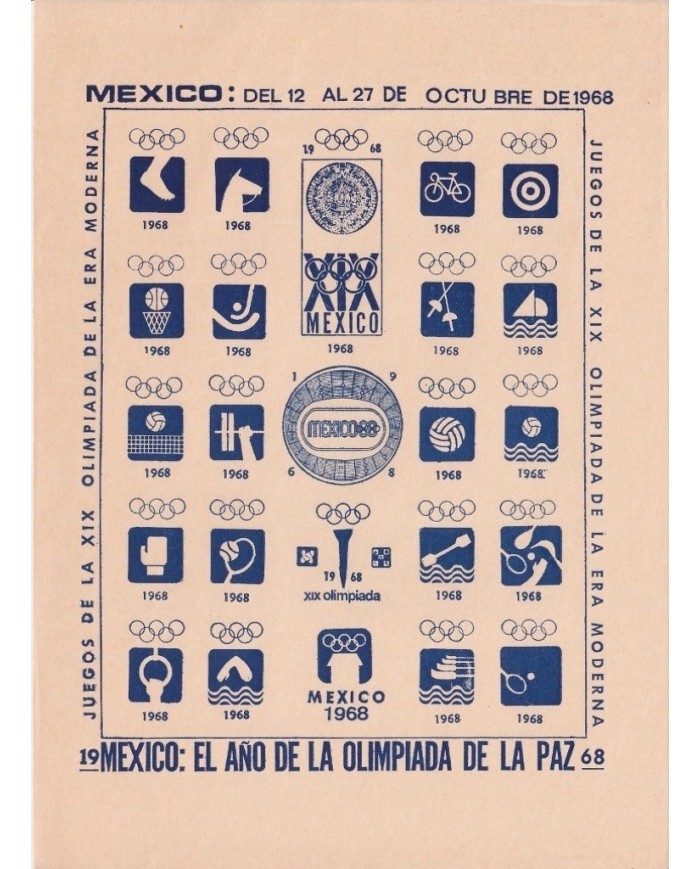 F-EX15654 OLYMPIC GAMES MEXICO 1968 BLUE CINDERELLA SHEET CREAM PAPER NO GUM IMP