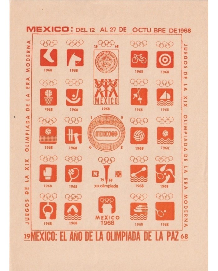 F-EX15655 OLYMPIC GAMES MEXICO 1968 ORANGE CINDERELLA SHEET CREAM PAPER NO GUM I