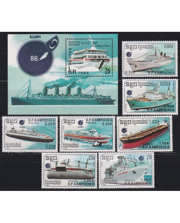 F-EX26792 CAMBODIA KAMPUCHEA MNH 1988 OLD HISTORIC MERCHANT SHIP BARCOS.