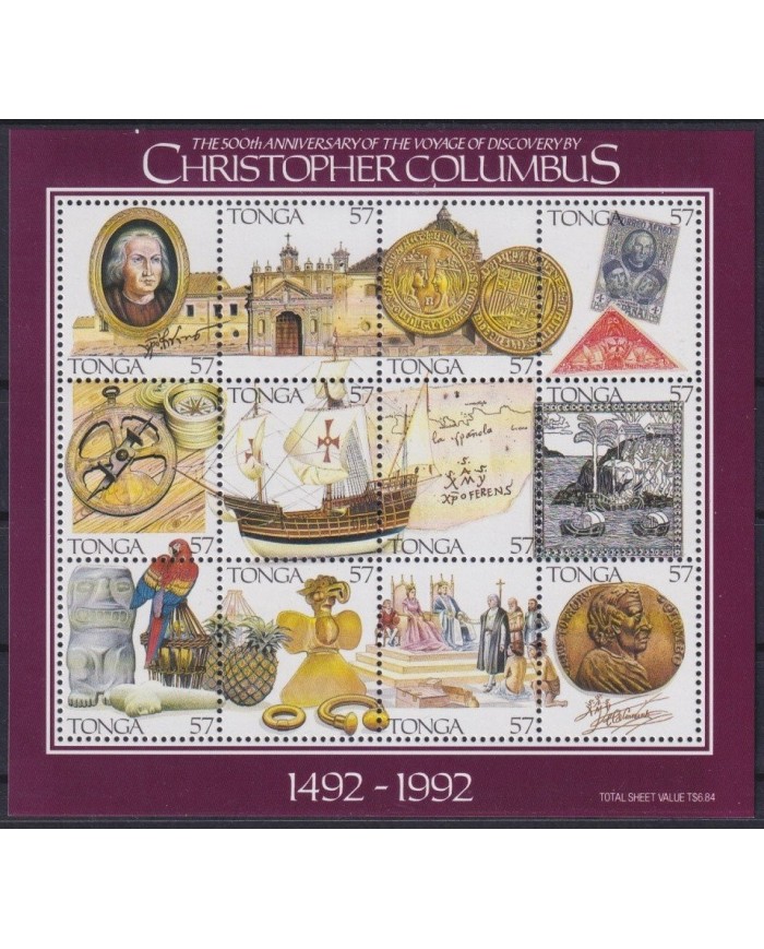 F-EX26971 TONGA MNH 1992 DISCOVERY COLUMBUS EXPLORATION INDIAN SHIP FRUIT FOOD.