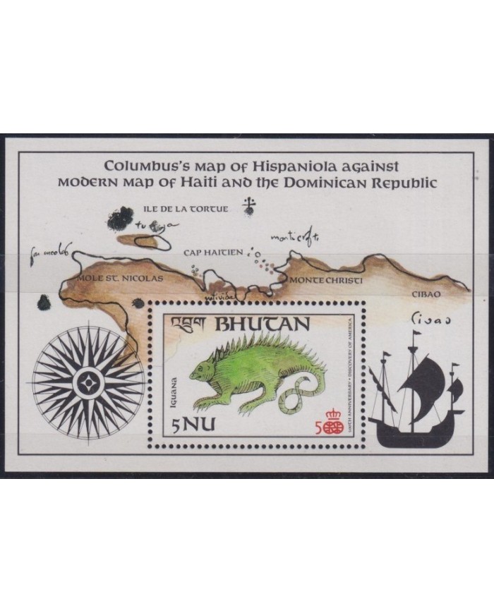 F-EX27018 BHUTAN MNH 1985 DISCOVERY MAP & IGUANA LIZARD.