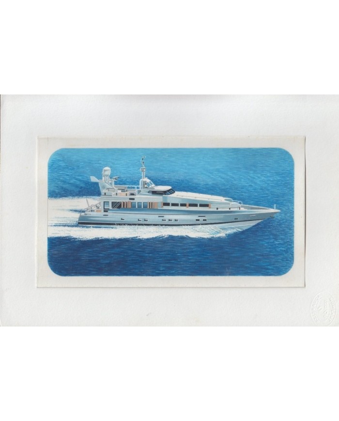 F-EX14589 ARTIST DRAWING HANDMADE FOR STAMP LAOS CAMBODIA SHIP YACHT. 21x12 cm.