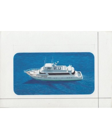 F-EX14592 ARTIST DRAWING HANDMADE FOR STAMP LAOS CAMBODIA SHIP YACHT. 21x12 cm.