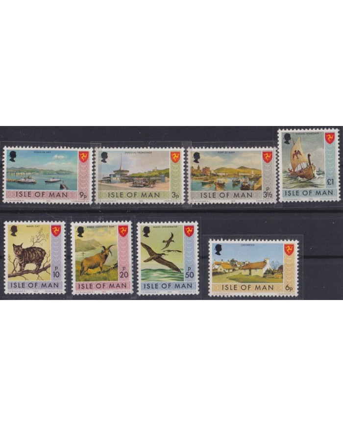 F-EX29296 ENGLAND UK MAN IS MNH 1977 PERMANENT SET BIRD CATS SHIP LANDSCAPE.