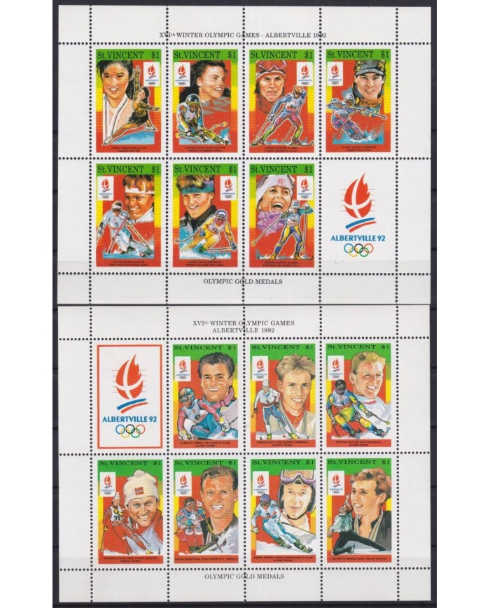 F-EX29862 ST VINCENT  MNH 1992 OLYMPIC GAMES ALBERTVILLE SKI HOCKEY SHEET WINNER.