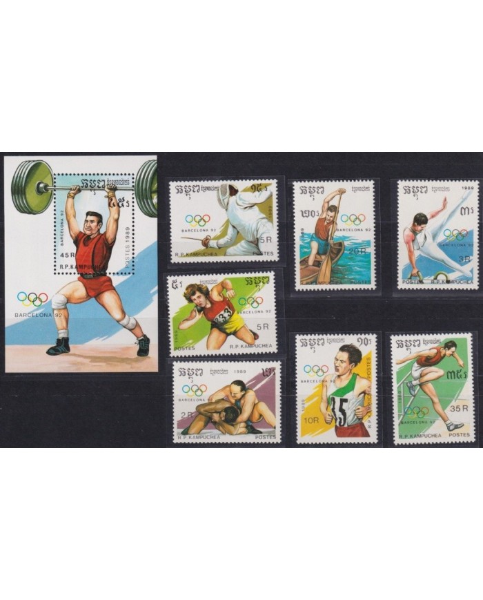 F-EX30238 CAMBODIA MNH 1989 OLYMPIC BARCELONA ATHLETISM FENCING WEIGHTLIFTING.
