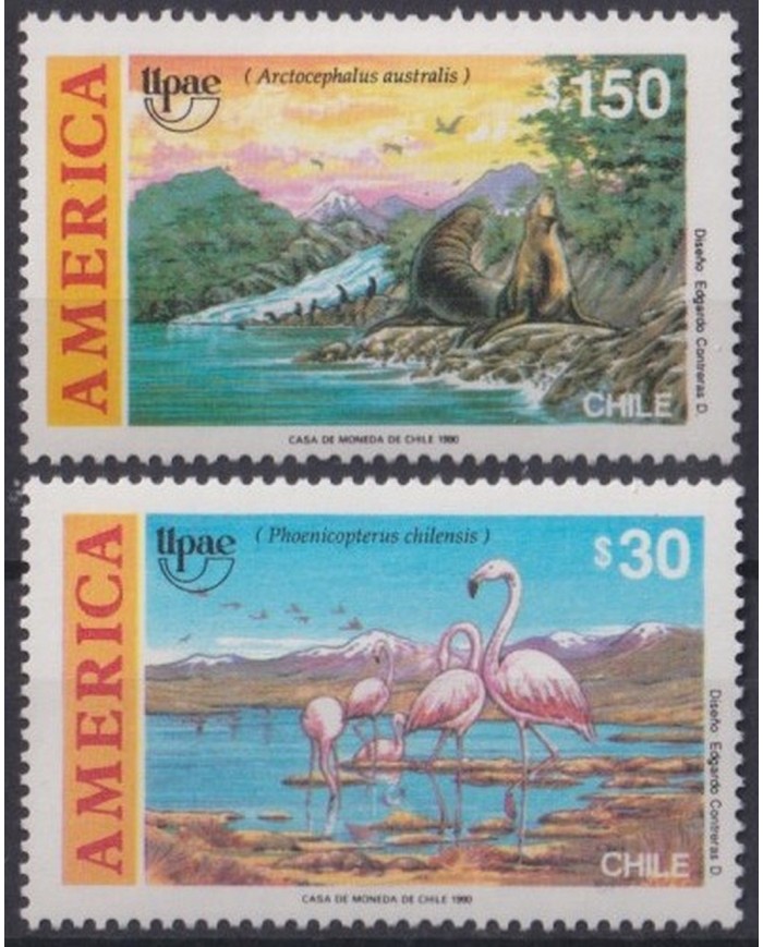 F-EX30845 CHILE MNH 1990 AMERICA UPAEP FAUNA BIRD AVES PAJAROS FLAMINGO PHOCA.
