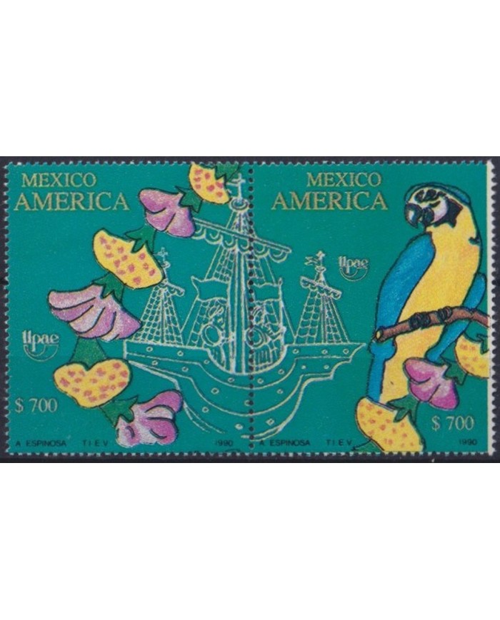 F-EX30903 MEXICO MNH 1990 AMERICA UPAEP SHIP DISCOVERY COLUMBUS COLON BIRD AVES PAJAROS.