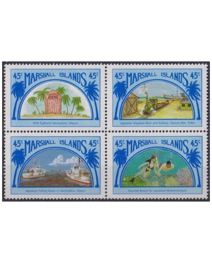 F-EX31384 MARSHALL IS MNH 1989 FISHING SHIP JAPAN SEAPLANE RAILROAD REEF TOURISM.