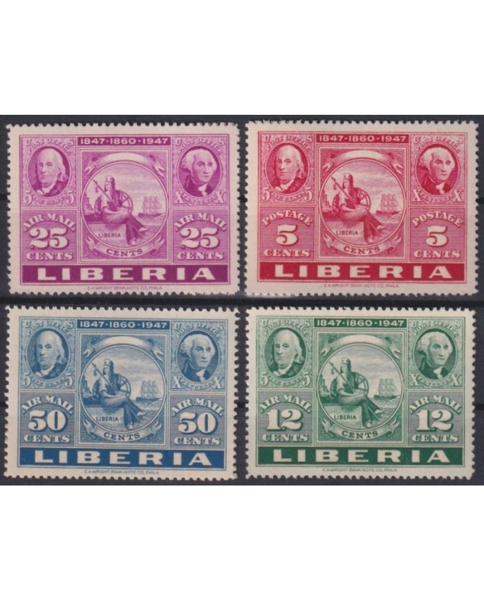 F-EX31678 LIBERIA MNH 1947 USA CENTENARY OF FIST POST OFFICE STAMPS.