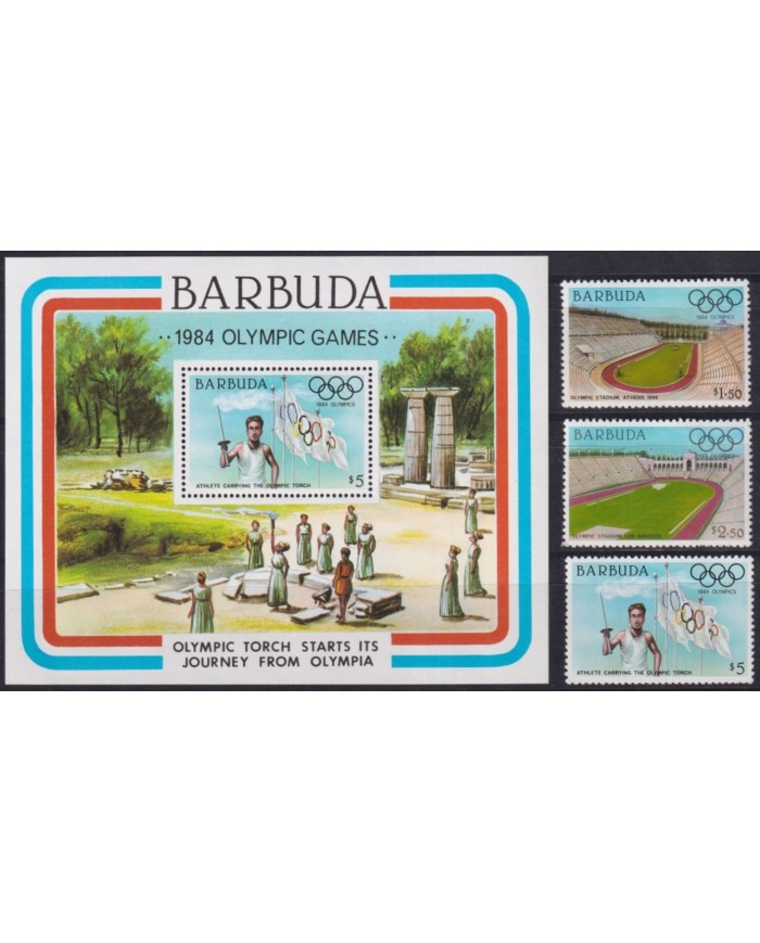 F-EX33566 BARBUDA MNH 1984 USA OLYMPIC GAMES STADIUM GREECE CARRYING TORCH.