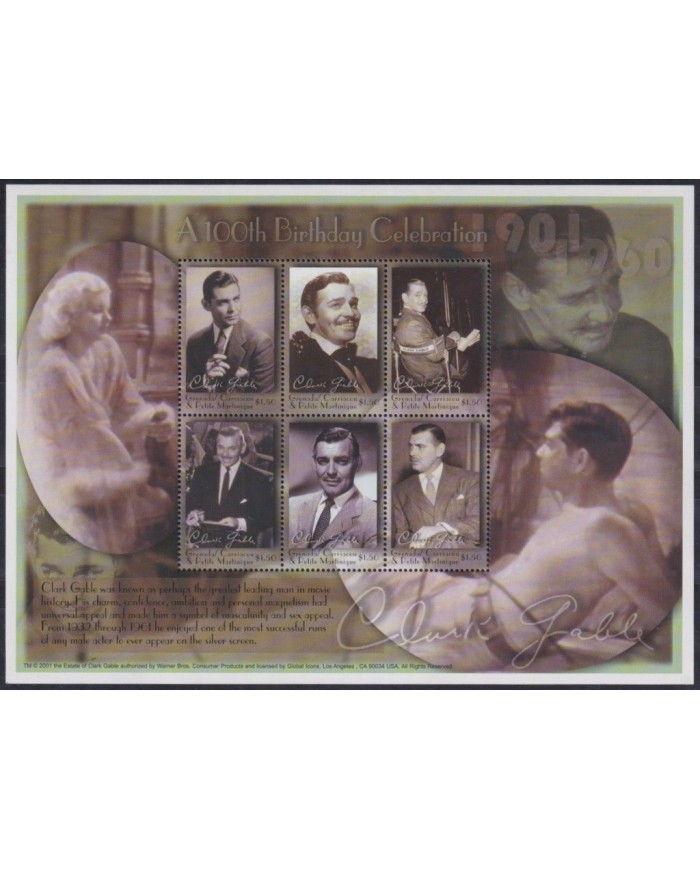 F-EX33100 GRENADA CARIACOU MNH 2001 CLASSIC MOVIE CINEMA CLARK GABLES.