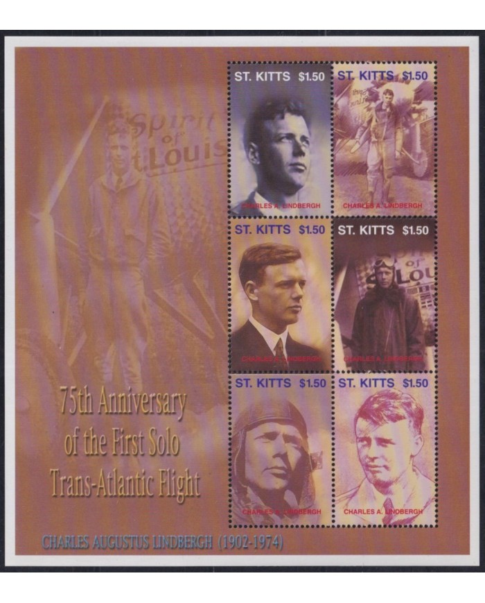 F-EX33124 ST KITTS MNH 75th ANIV FIRST SOLO TRANS-ATLANTICS FLIGHT  LINDBERGH.