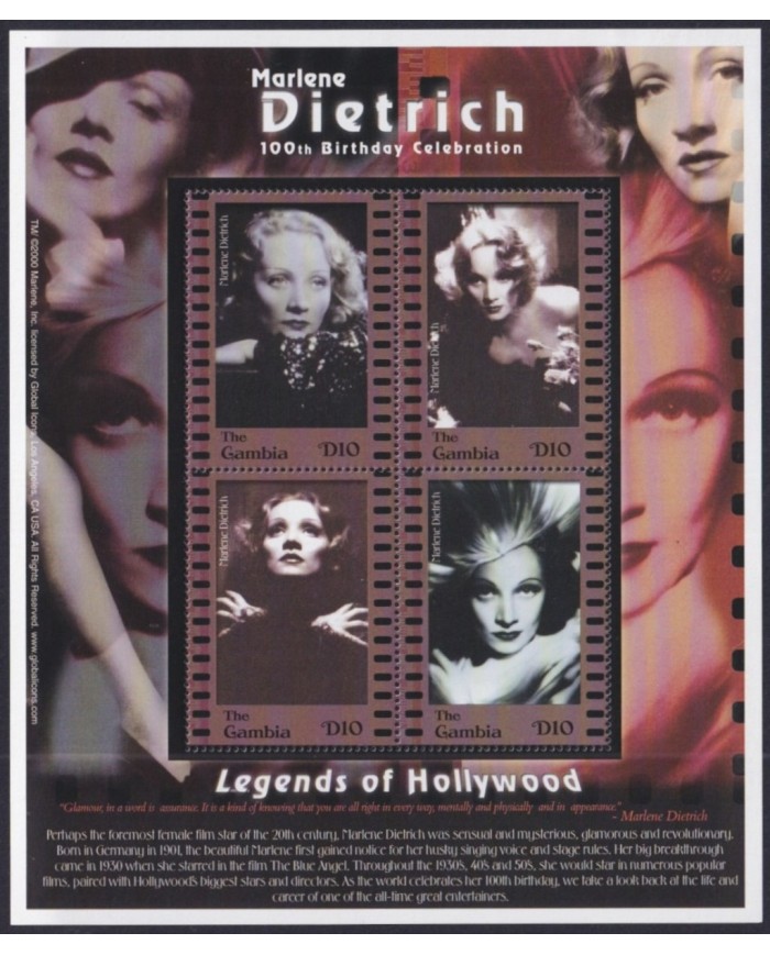 F-EX33384 GAMBIA MNH 2001 CLASSIC MOVIE CINEMA MARLENE DIETRICH HOLLYWOOD ACTORS.