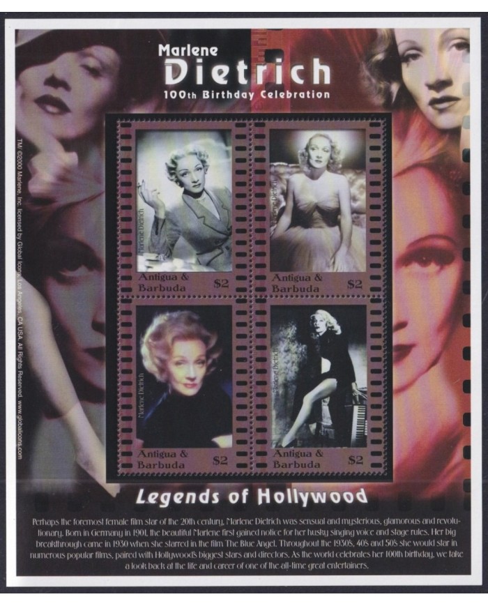 F-EX33386 ANTIGUA & BARBUDA MNH 2001 CLASSIC MOVIE CINEMA MARLENE DIETRICH.