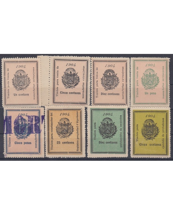 F-EX9086 EL SALVADOR REVENUE 1904 STAMPS. MERCANCIAS, PROPIEDADES. NO GUM.