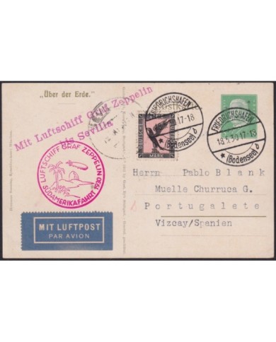 F-EX24314 GERMANY 1930 ZEPPELIN ILLUSTRATED POSTCARD TO PORTUGALETE SPAIN.