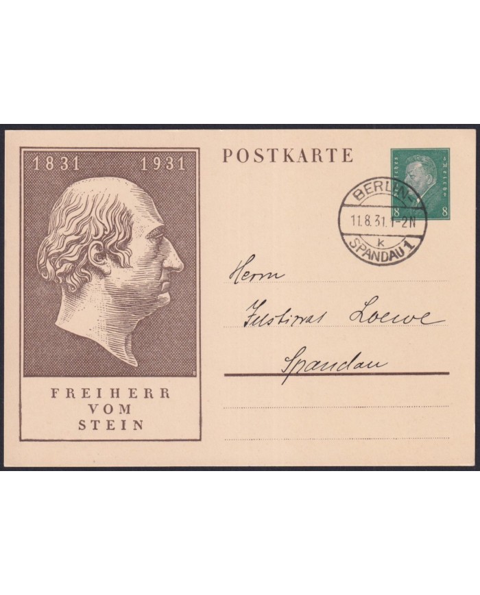 F-EX27654 GERMANY SPECIAL STATIONERY CARD FREIHERR VON STEIN USED TO SPANDAU.