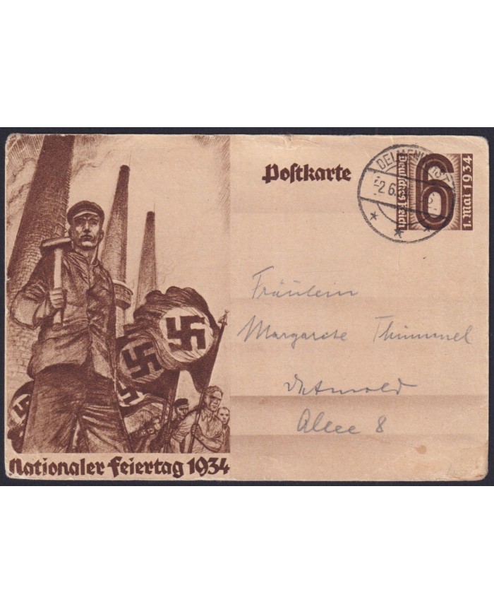 F-EX27659 GERMANY SPECIAL STATIONERY CARD 1934 USED STEEL WORKMAN.