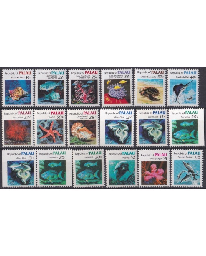 F-EX32123 PALAU MNH 1983, 1985 SEA MARINE WILDLIFE REEF FISH PECES SHELL MARLINS.