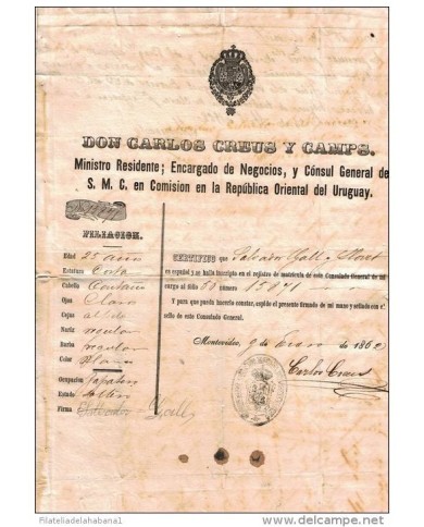 E1154 URUGUAY. CONSULADO DE ESPAÑA EN MONTEVIDEO IDENTIFICATION PASS 1862