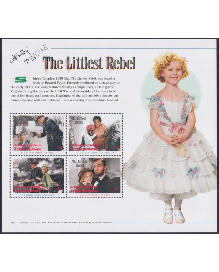 F-EX32421 GRENADA CARRIACOU MNH 2000 SHEET CINEMA MOVIE SHIRLEY TEMPLE LITTLEST REBEL.