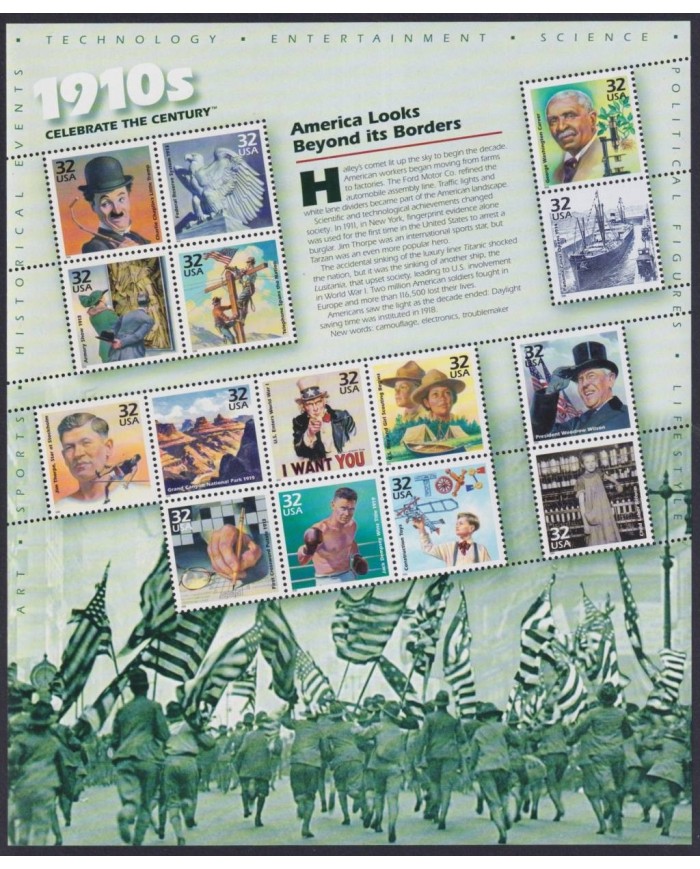 F-EX32426 US USA MNH 1998 MILENIUM SHEET 1910´s CHAPLIN CINEMA MOVIE TELEPHON.